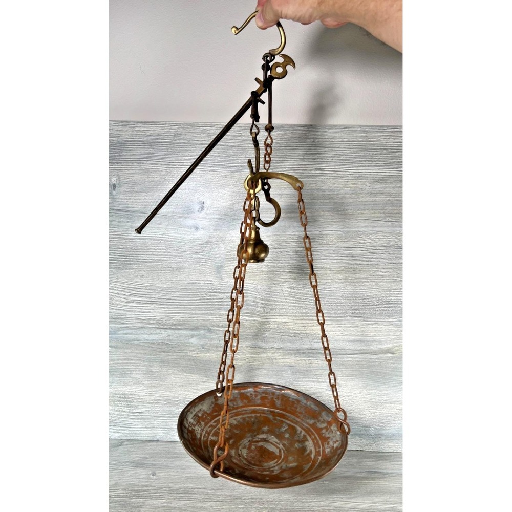 Antique Original Solid Brass Hanging Weighing Beam Balance Scale Chain & Weight